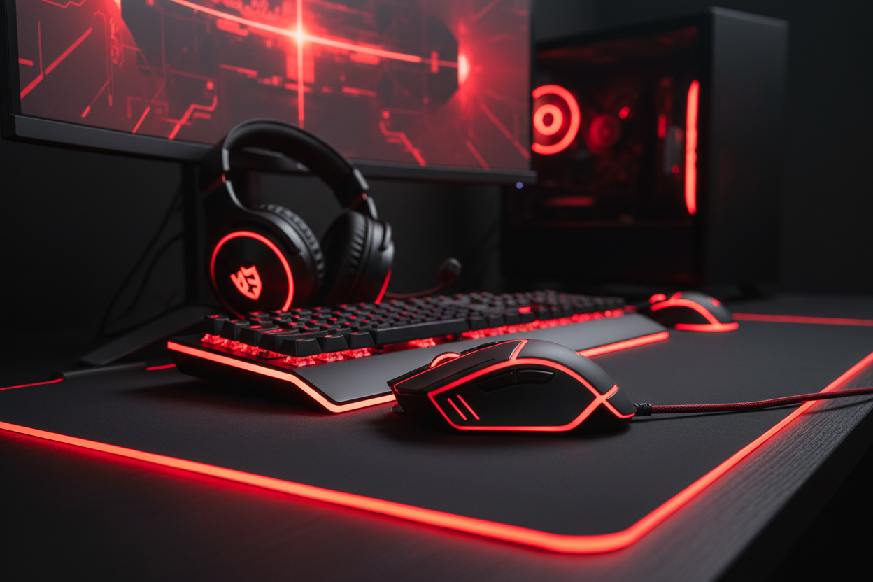 red themed tech gaming mouses, keyboards, mousepads glowing outlines, headphones